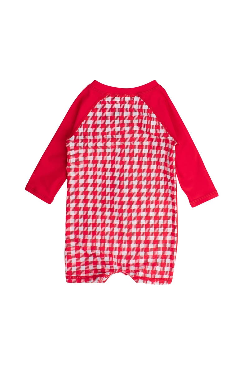 Boys Long Sleeve One Piece Rash Guard, Alternate, color, Vintage Red Gingham