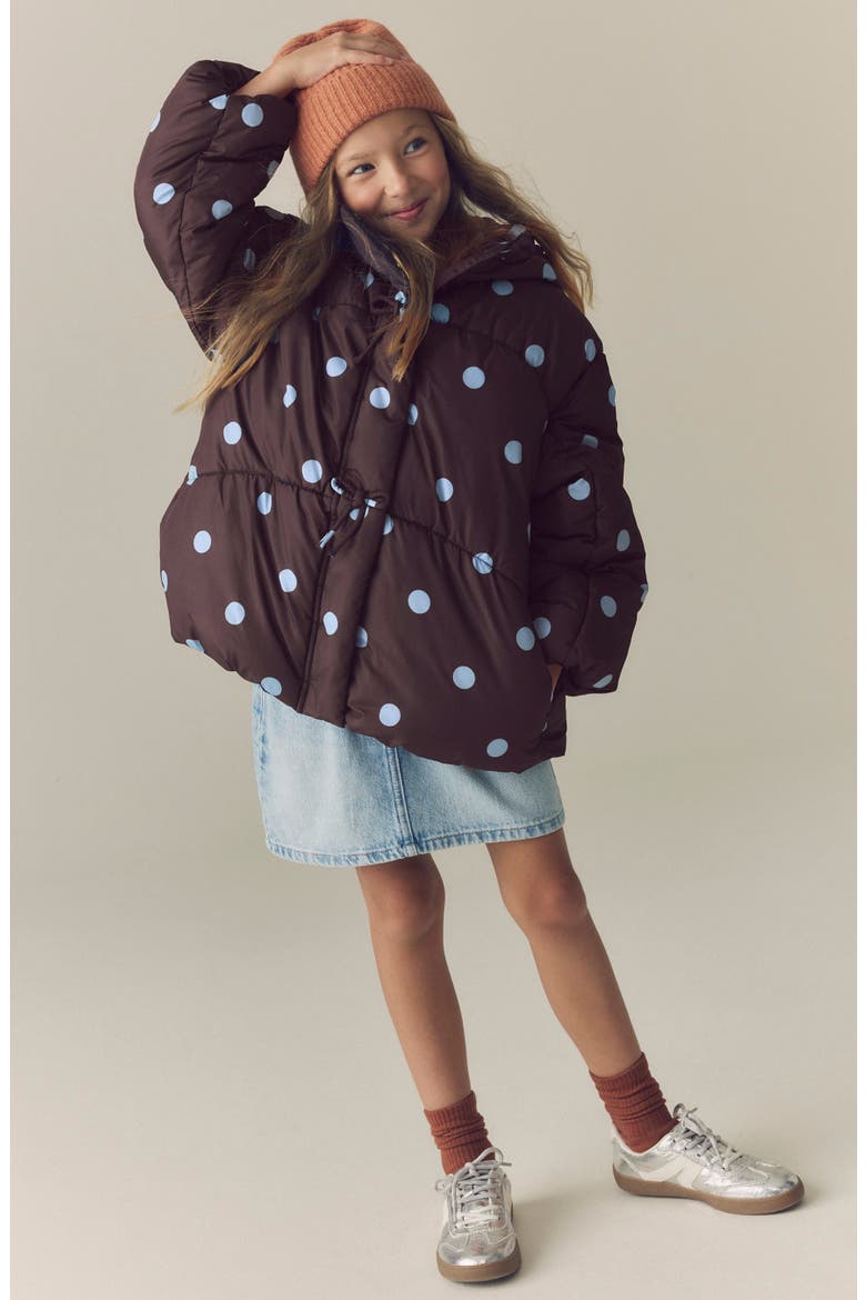 Kids' Polka Dot Puffer Coat, Alternate, color, BROWN