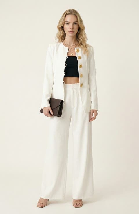 Tailored Button Front Jacket and Wide Leg Pants Set