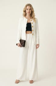 Modenaire Tailored Button Front Jacket and Wide Leg Pants Set