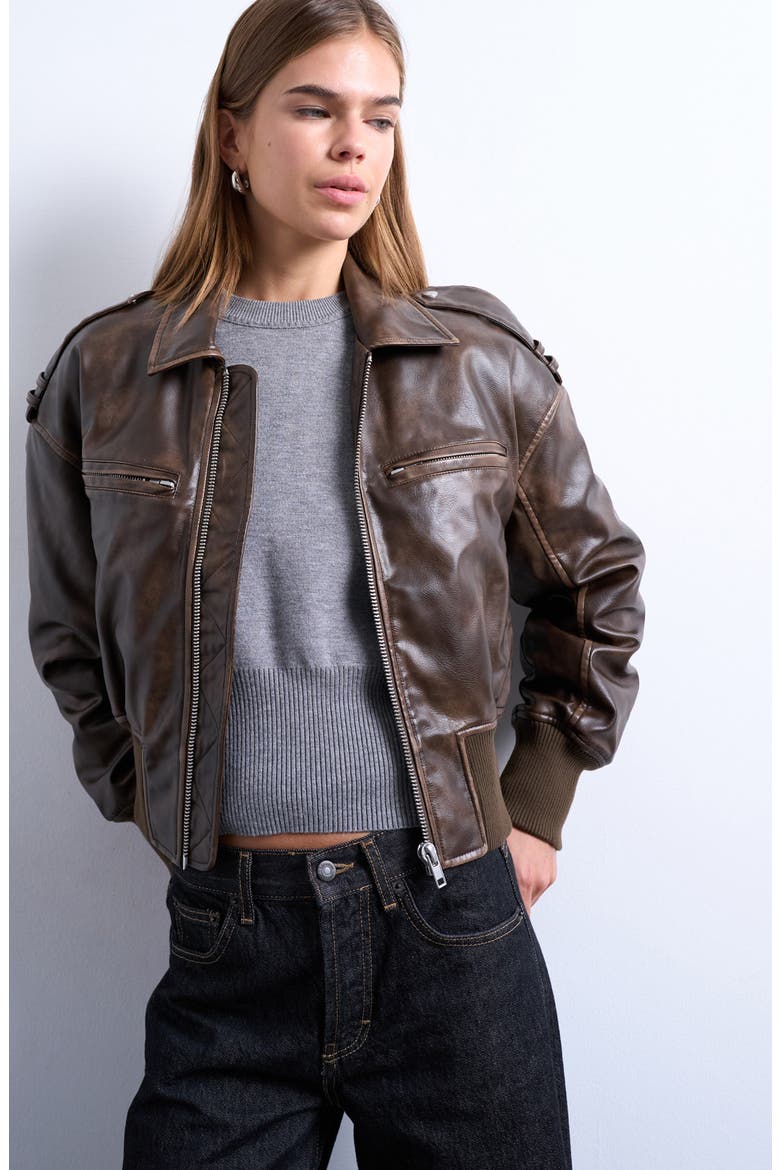 Faux Leather Ovoid Sleeve Bomber Jacket, Main, color, BROWN