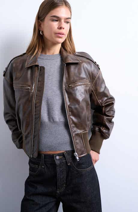 Topshop Faux Leather Ovoid Sleeve Bomber Jacket