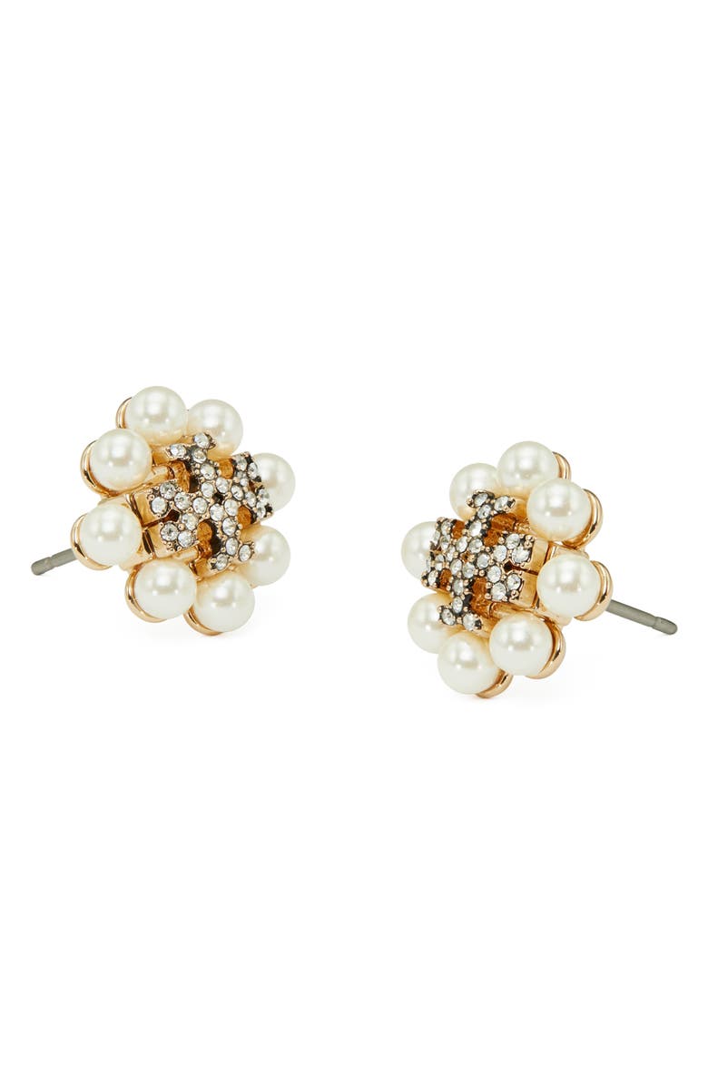 Tory Burch Kira Imitation Pearl Stud Earrings, Alternate, color, Tory Gold / Pearl / Crystal