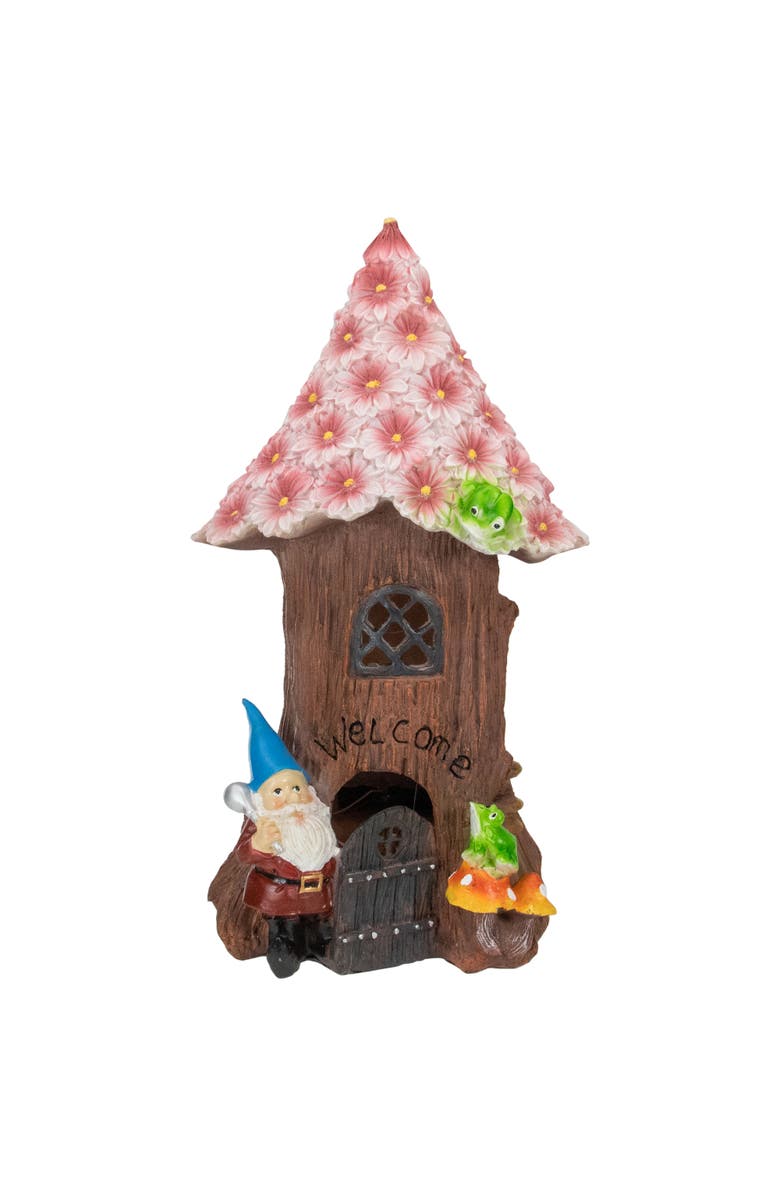 Northlight 14" Solar Lighted Bless Our Home Gnome Tree House Outdoor Garden Statue, Main, color, Brown