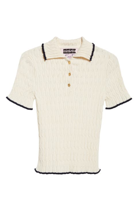 Contrast Trim Pointelle Cable Knit Polo