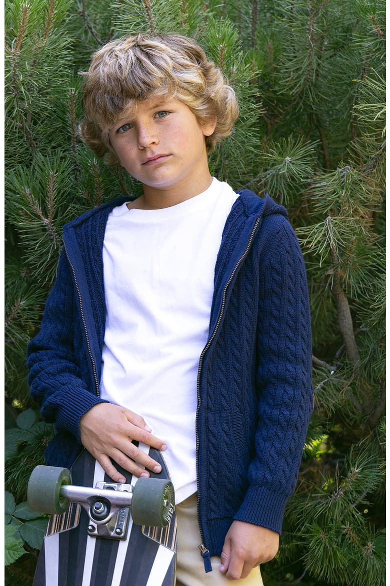 Kids' Organic Full Zip Hooded Sweater with Elbow Patches, Alternate, color, Navy Cable