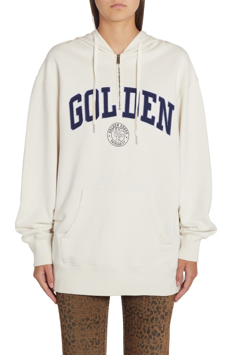 Golden Goose Varsity Logo Long Sleeve Hooded Sweatshirt Dress, Main, color, 