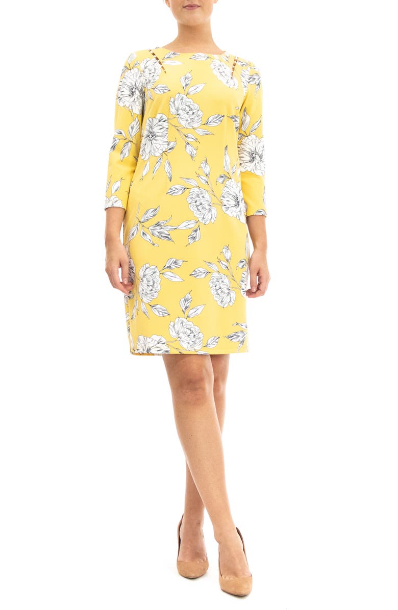 Nina Leonard Three-Quarter Sleeve Faux Pearl Sheath Dress, Main, color, Yellow Multi