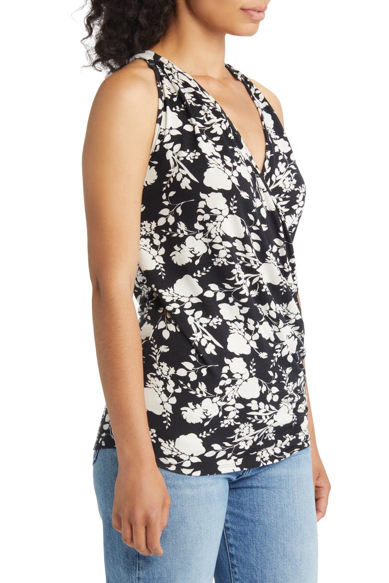 Print Faux Wrap Tank, Alternate, color, BLACK/ IVORY