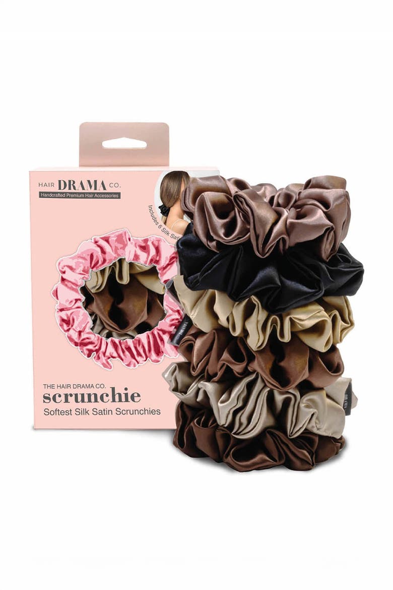 Neutral Silk Satin Scrunchies - Set of 6, Alternate, color, Brown
