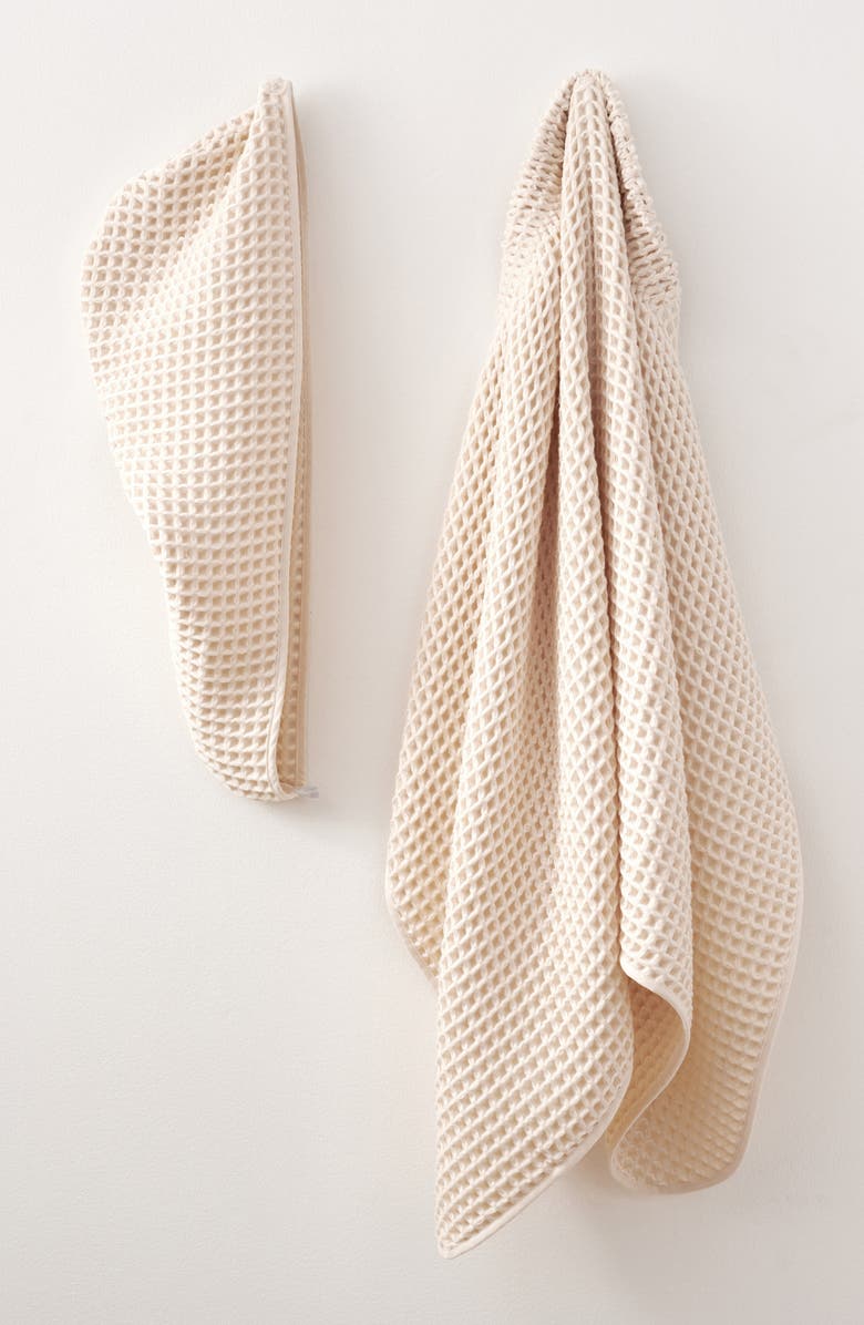 DKNY Pure Pure Yarn Dyed Cotton Waffle Body Wrap & Hair Wrap Set, Alternate, color, Natural