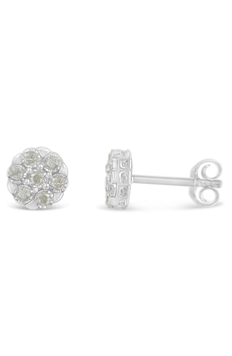 Haus of Brilliance Silver RoseDiamond Floral Cluster Stud Earring, Alternate, color, White
