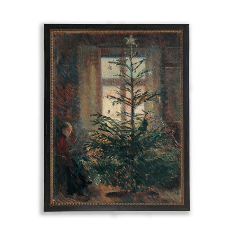 Christmas Tree Scene Reproduction Oil Painting with Beaded Frame