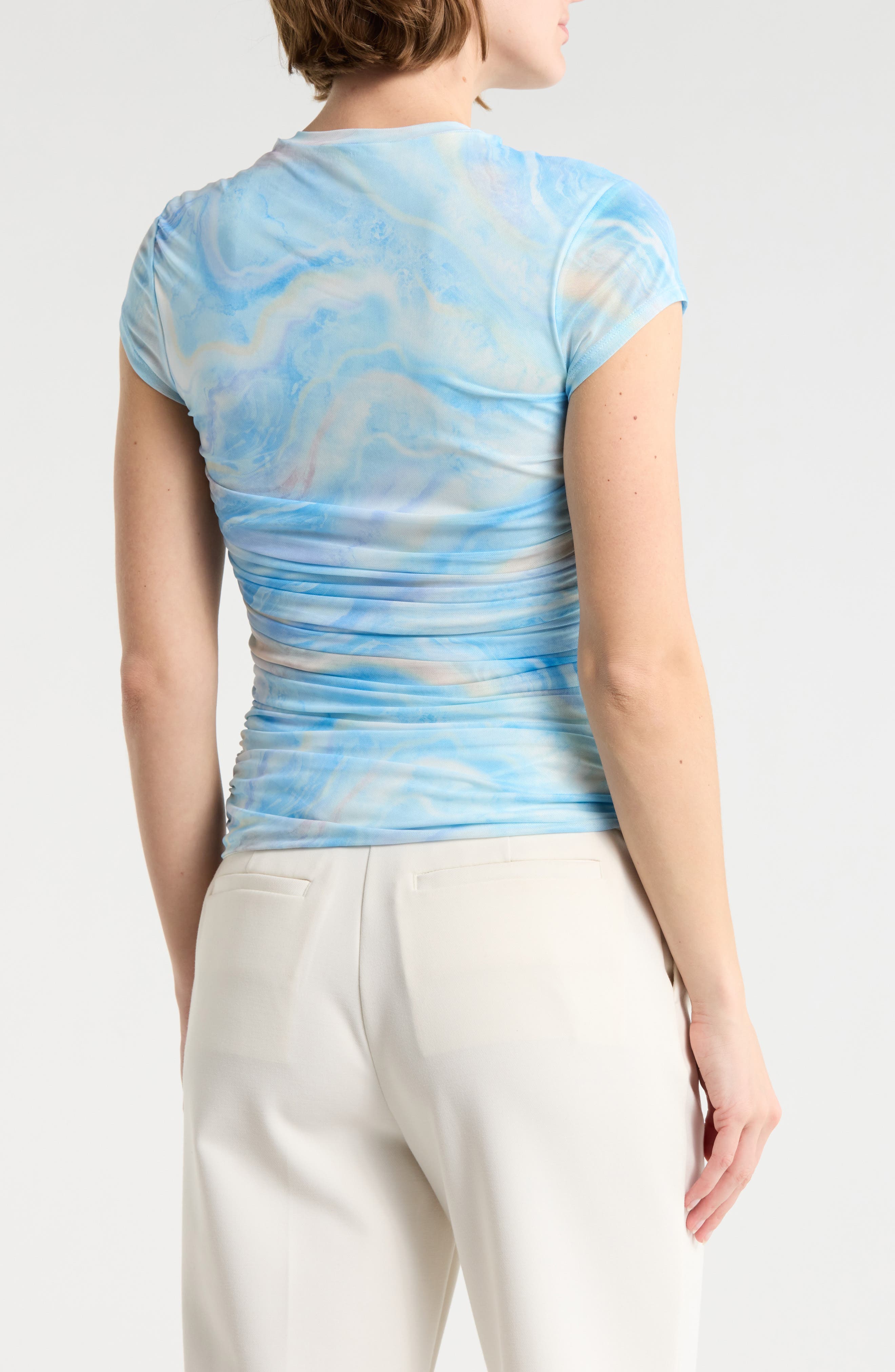 Lacey Cap Sleeve Ruched Mesh Top - image 2