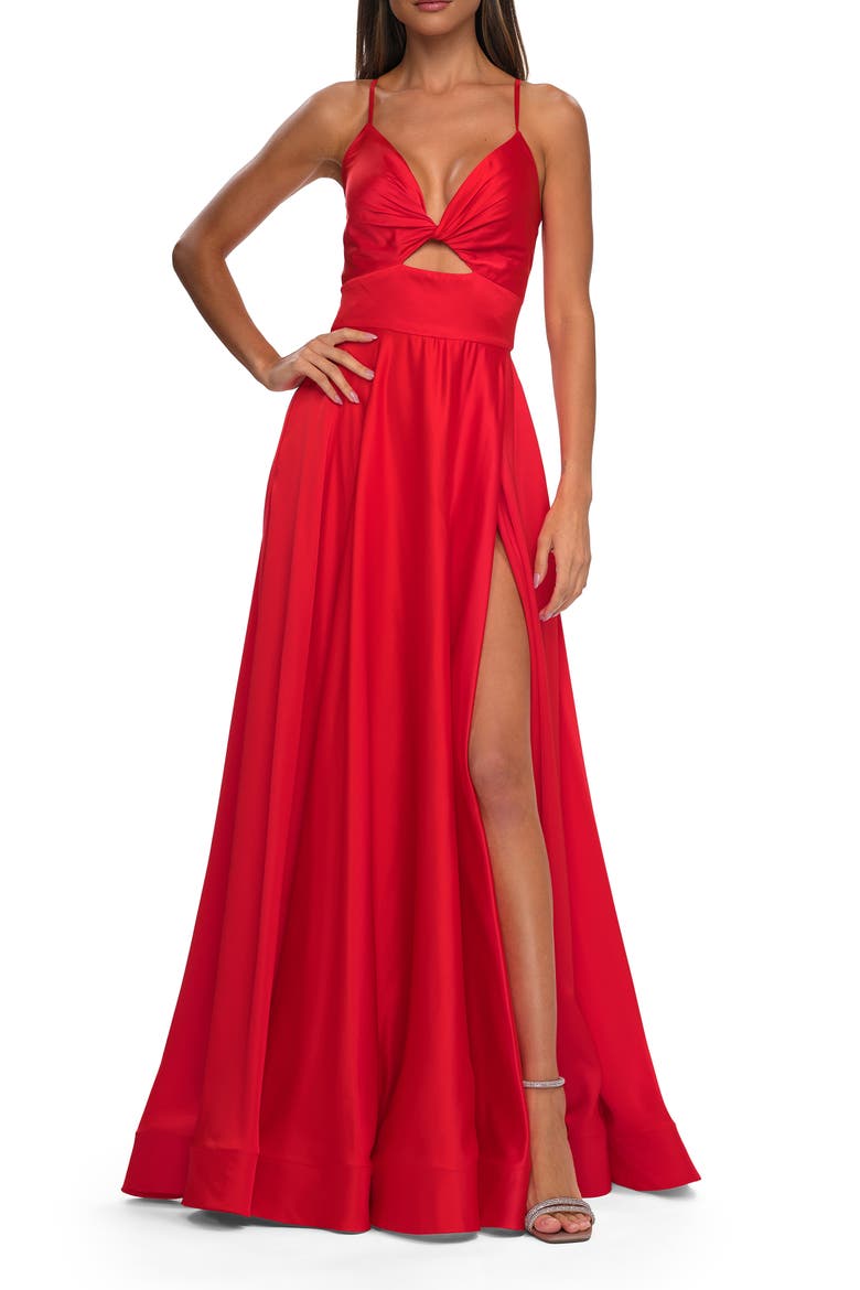 Satin A-Line Gown with Cut Out and Twist Bodice in Neon, Main, color, Hot Coral