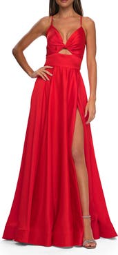 La Femme Satin A-Line Gown with Cut Out and Twist Bodice in Neon