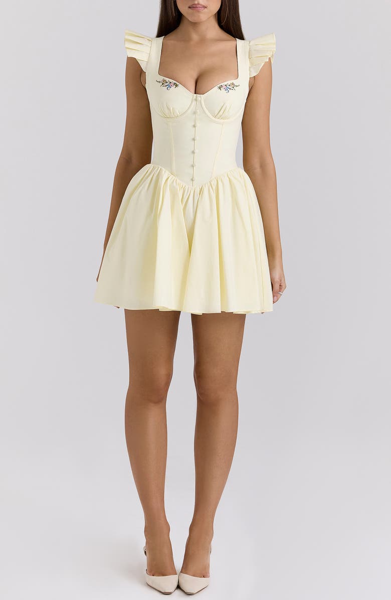 HOUSE OF CB Sisi Embroidered Stretch Cotton Minidress, Main, color, Lemon Icing