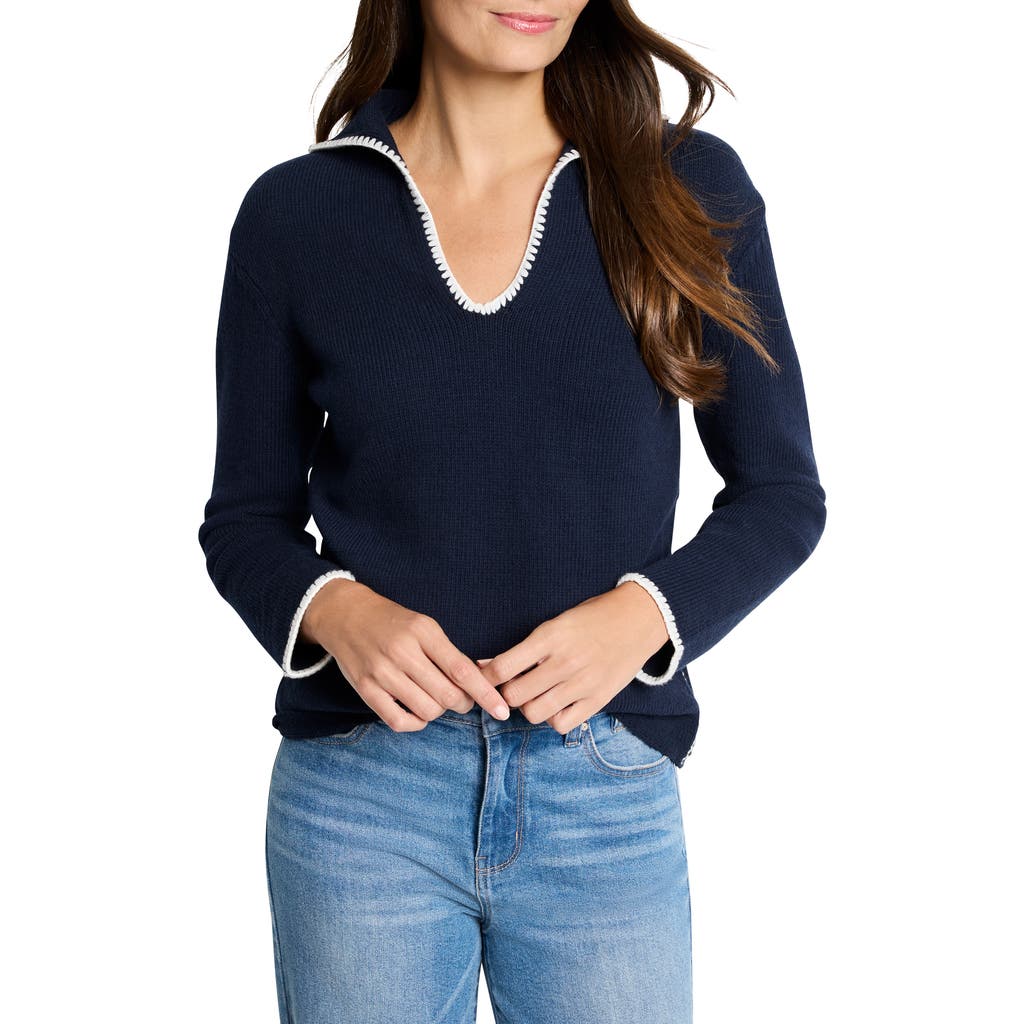 Nic + Zoe Nic+zoe Blanket Stitch Getaway Sweater In Dark Indigo