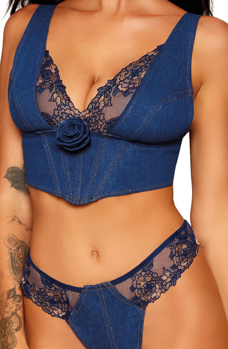 Dreamgirl Embroidered Trim Denim Bustier & Thong, Alternate, color,