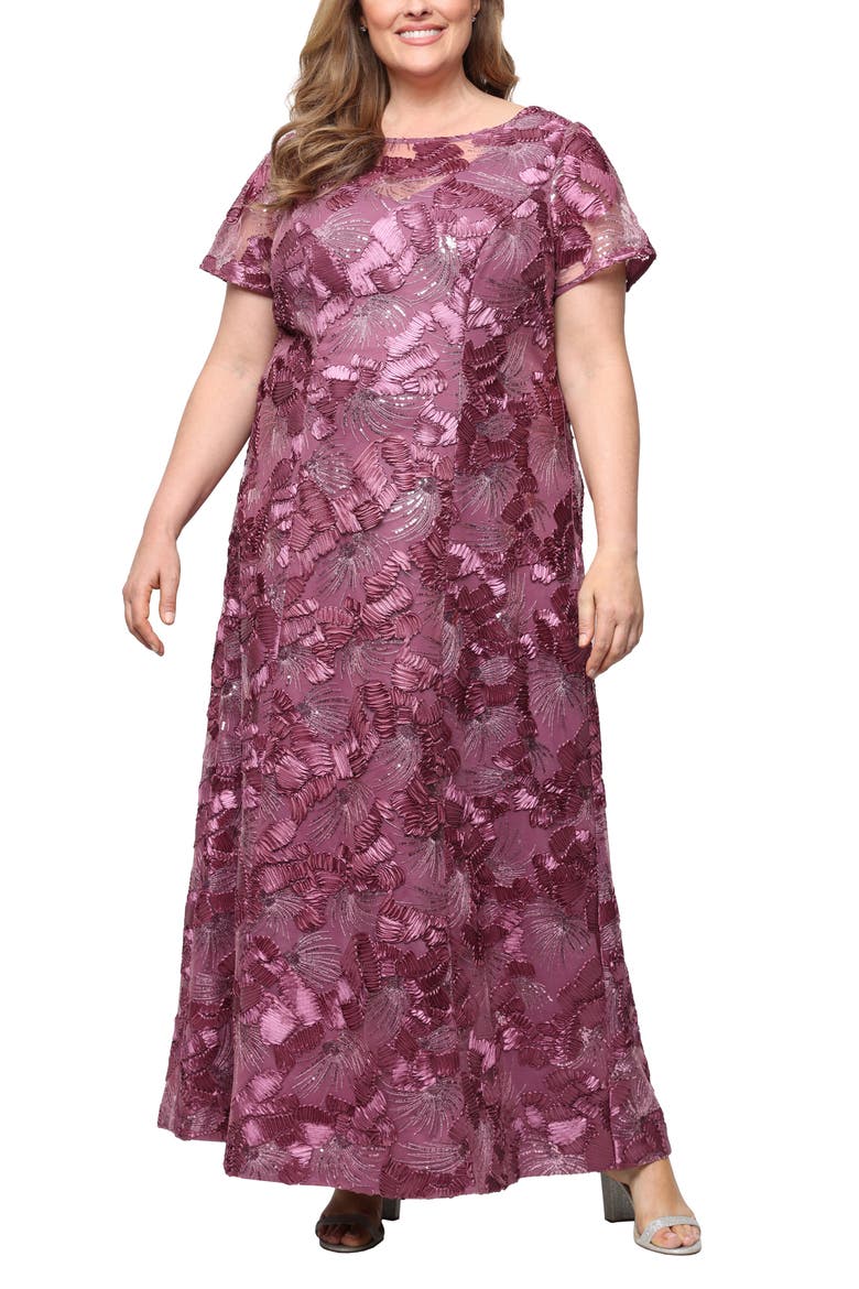Sequin Soutache Floral A-Line Gown, Main, color, DARK MAUVE