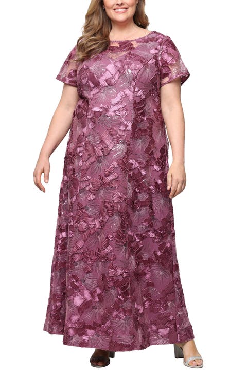 Sequin Soutache Floral A-Line Gown (Plus)