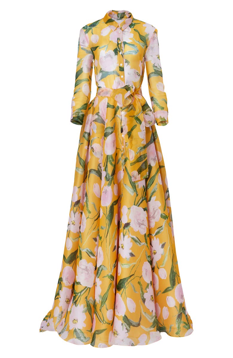 Carolina Herrera Peony Print Long Sleeve Silk Organza Trench Gown, Alternate, color, 