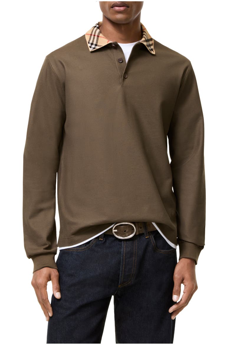 Long-sleeve Check Collar Cotton Polo Shirt, Main, color, Sepia brown