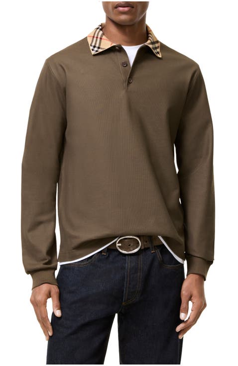 Long-sleeve Check Collar Cotton Polo Shirt