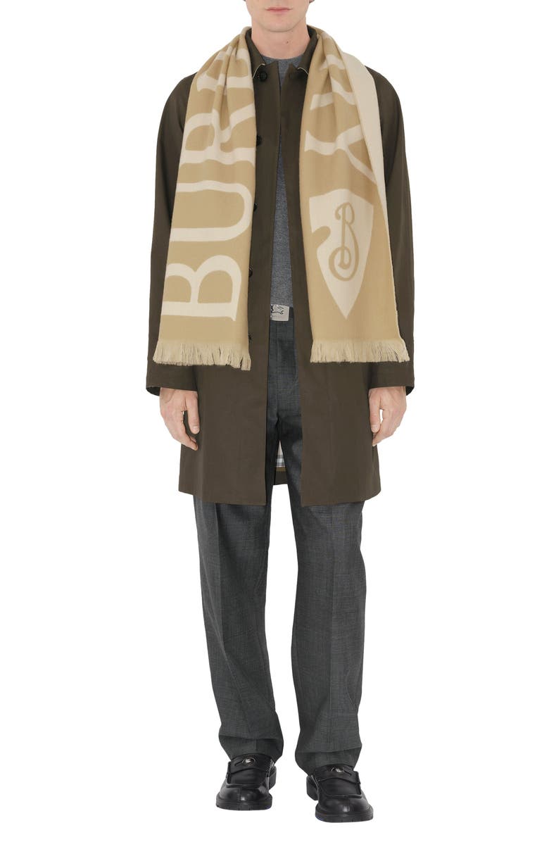 Burberry Reversible Logo Jacquard Wool Scarf, Alternate, color, Sand