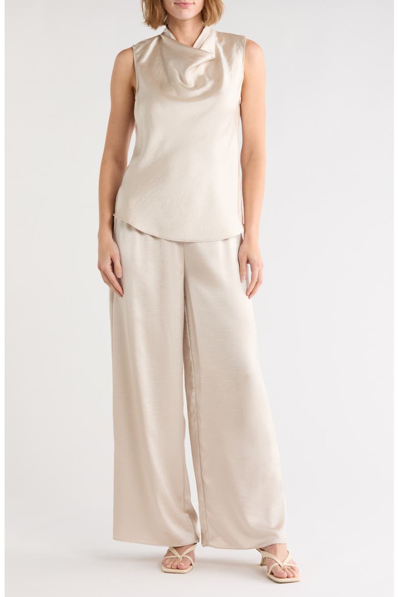Satin Cowl Neck Top & Pants Set, Main, color, NATURAL