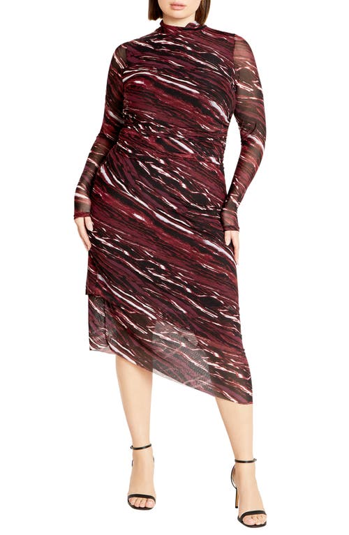 City Chic Zariyah Print Long Sleeve Body-con Midi Dress In Brown