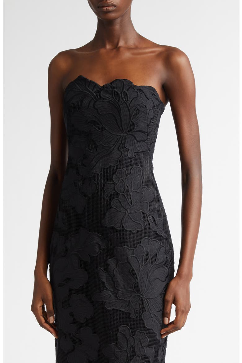 Natasha Floral Appliqué Strapless Midi Dress, Alternate, color, BLACK