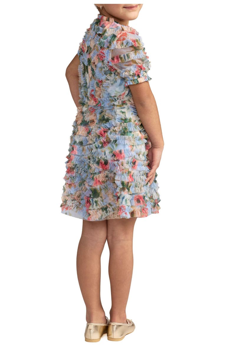 Mac Duggal Floral Mesh Ruffle Puff Sleeve Kids Dress, Alternate, color, Blue Multi