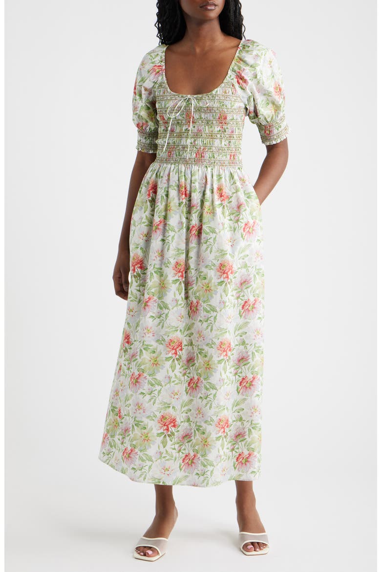 The Madeline Floral Smocked Puff Sleeve Cotton Maxi Dress, Main, color, PEONY CHINTZ