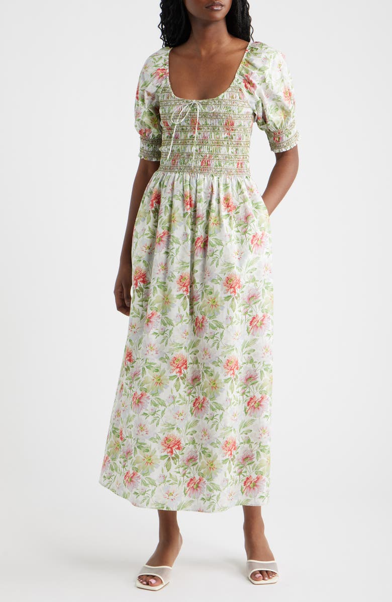 Hill House Home The Madeline Floral Smocked Puff Sleeve Cotton Maxi Dress, Main, color, Peony Chintz