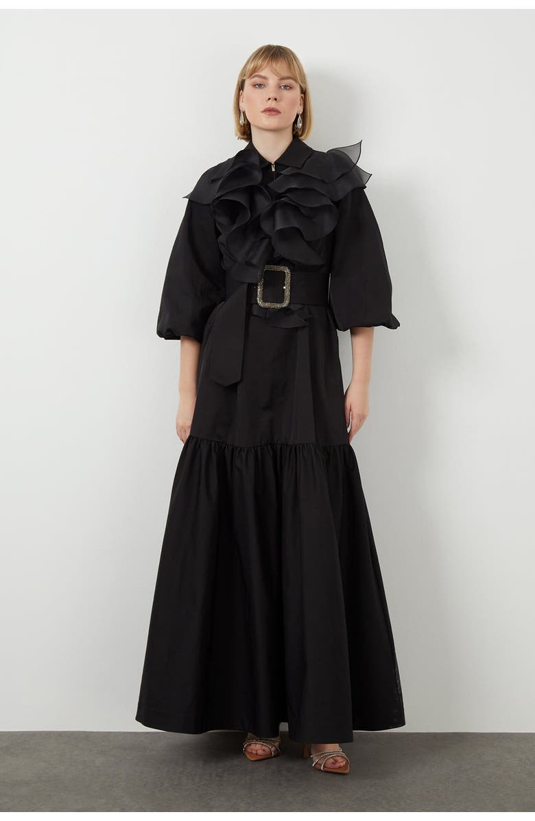 Gizia Ruffle Detail Three-Quarter Sleeve Long Black Dress, Main, color, Black