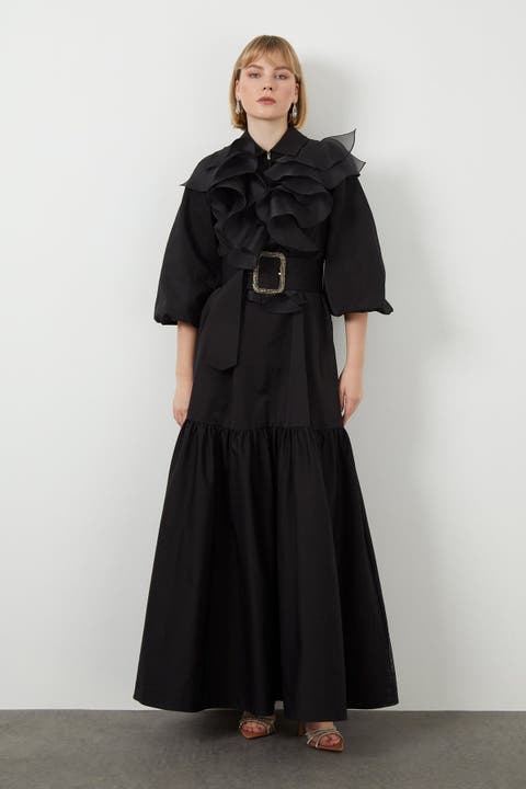 Ruffle Detail Three-Quarter Sleeve Long Black Dress
