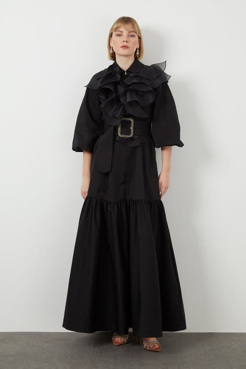 Gizia Ruffle Detail Three-quarter Sleeve Long Black Dress