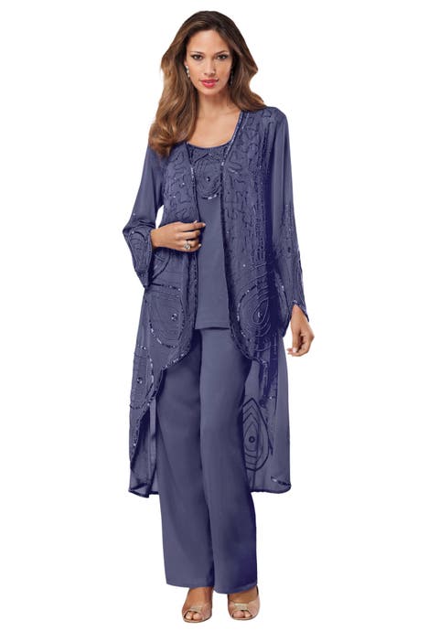 Plus Size Beaded Georgette Scoop Neck 3 Piece Pant Set