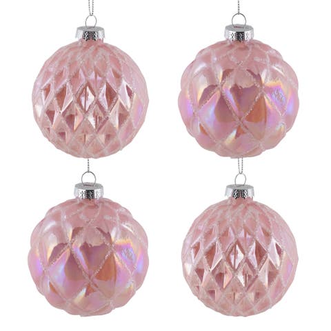 Glittered Geometric Iridescent Glass Ball Christmas Ornaments - 3" (80mm) - Pink  - 4ct