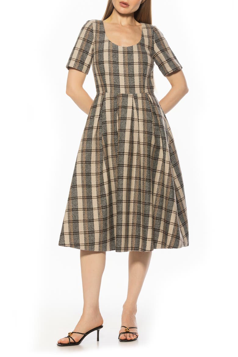 Imani Short Sleeve Pleated Dress, Main, color, BROWN PLAID