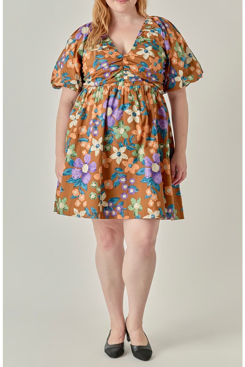 Floral Puff Sleeve Minidress, Main, color, BROWN MULTI