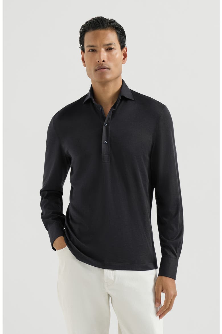 Silk and cotton lightweight jersey long sleeve polo with shirt-style collar, Main, color, Navy Blue