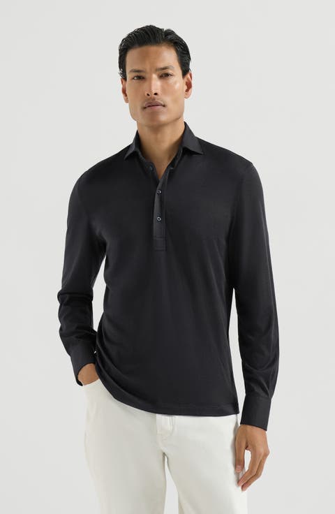 Silk and cotton lightweight jersey long sleeve polo with shirt-style collar
