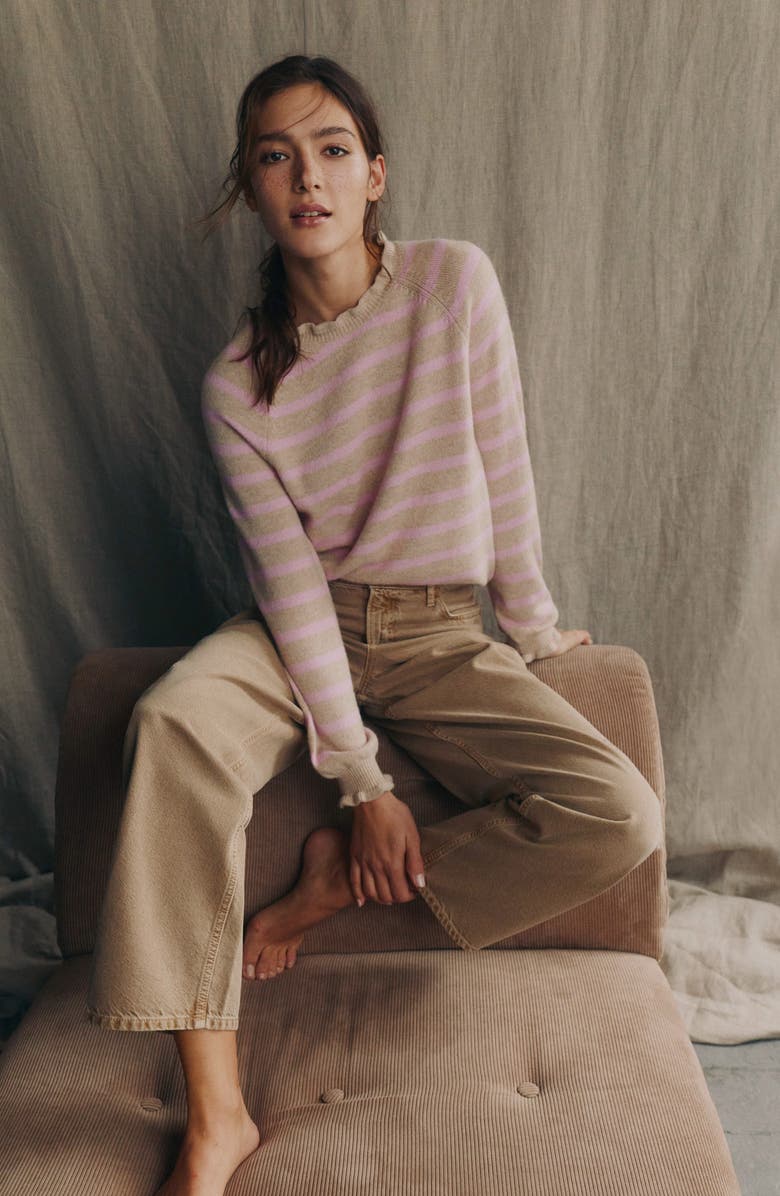 Boden Fae Fair Isle Ruffle Trim Sweater, Alternate, color, Camel/ Pink Stripe