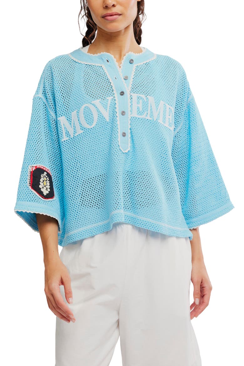 FP Movement Camp Out Embroidered Open Stitch Top, Main, color, BRIGHT BLUE