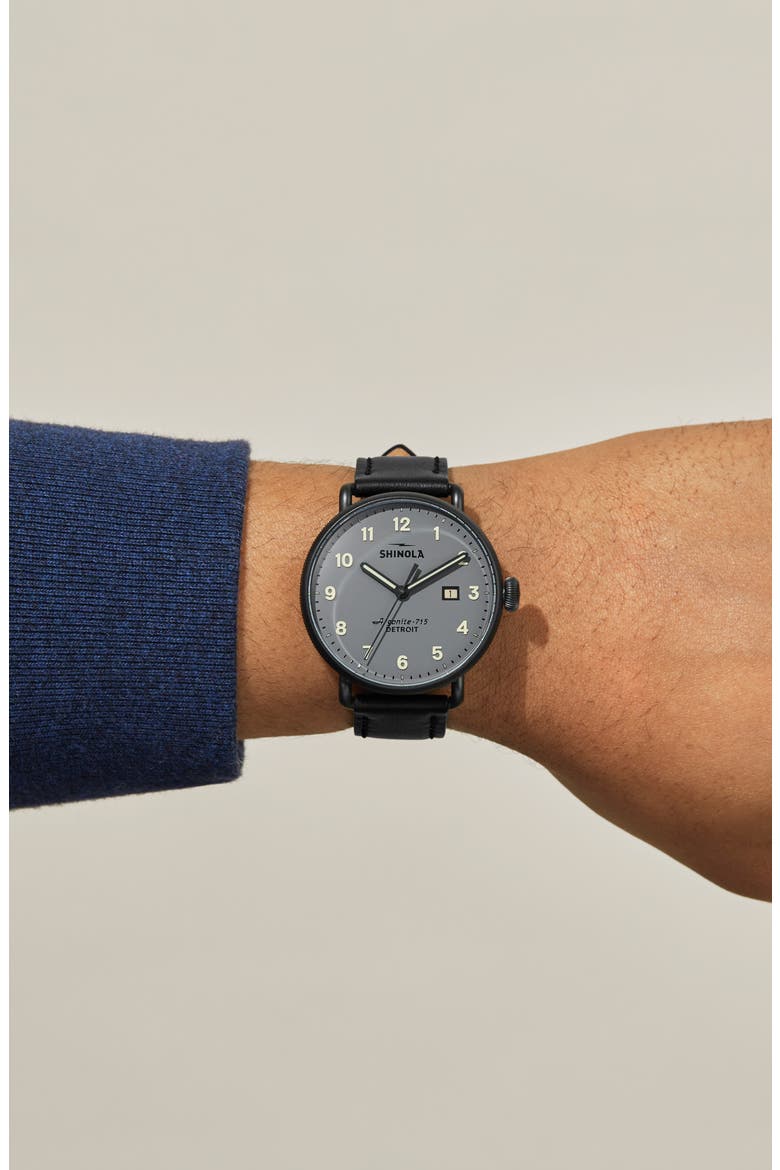 The Canfield Leather Strap Watch, 43mm, Alternate, color, BLACK/ GREY/ BLACK