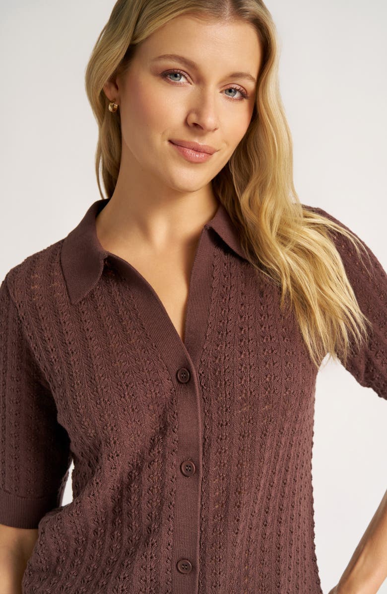 matty m. Solana Pointelle Polo Cardigan, Alternate, color, Chocolate