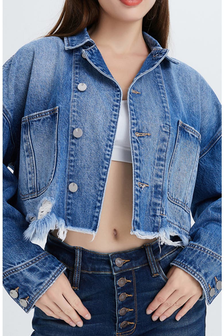 Frayed Crop Denim Jacket, Alternate, color, MEDIUM BLUE