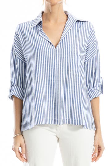 Max Studio Stripe Collared Top In Blue